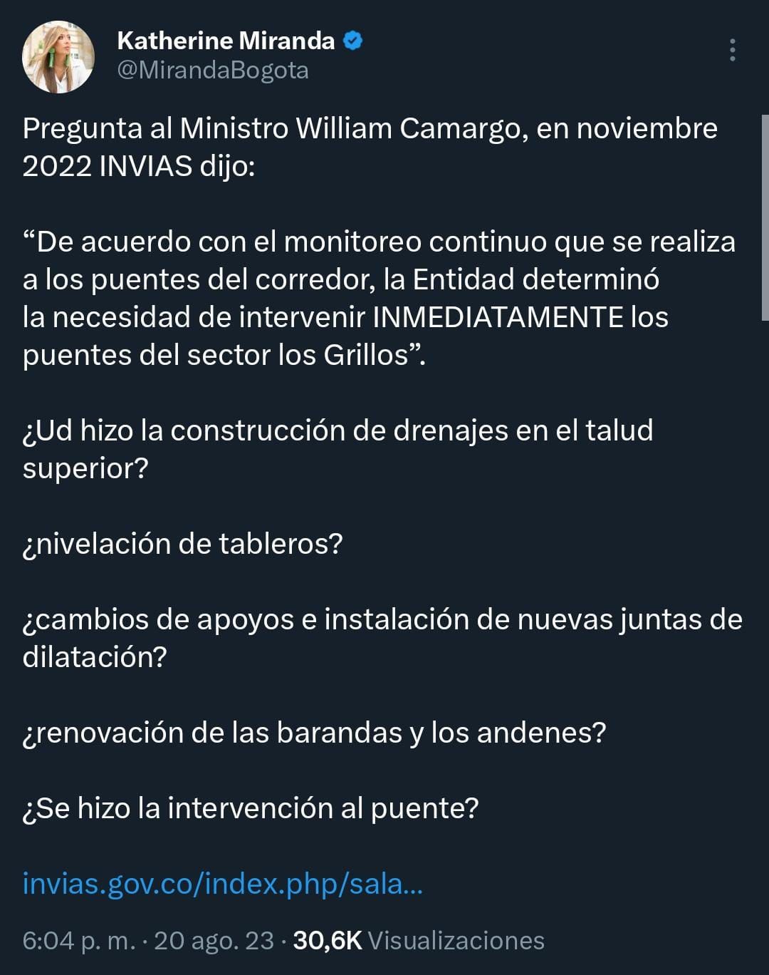 La congresista hizo cinco cuestionamientos al ministro de Transporte sobre el desplome del Puente Los Grillos. Foto: X (Twitter): @MirandaBogota