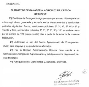 Mattos firmó la emergencia agropecuaria para parte de Rocha y Treinta y Tres.